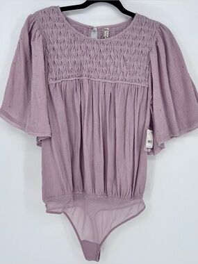 Free People Intimately FP Mauve Boho Bodysuit Flutter Sleeve Smocked Top NWT